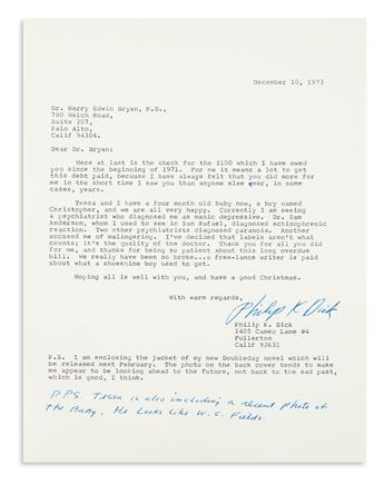 DICK, PHILIP K. Small archive of 5 items Signed, to his psychiatrist Dr. Harry Bryan: 3 Typed Letters * Greeting card * Dust jacket for